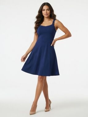 Women's VITALITY Navy Sleeveless A-Line Dress With Built-in Shorts (Size: Large)